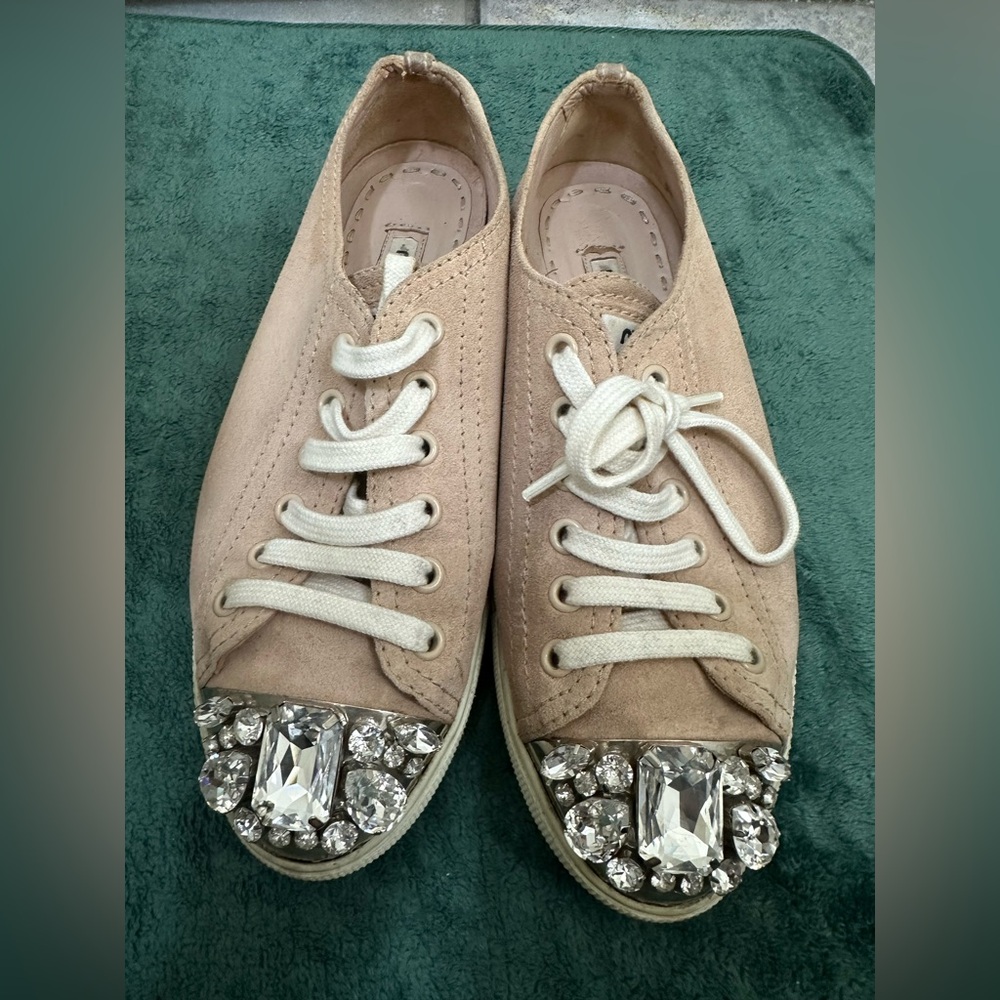 Miu Miu Crystal-Embellished Beige Sneakers